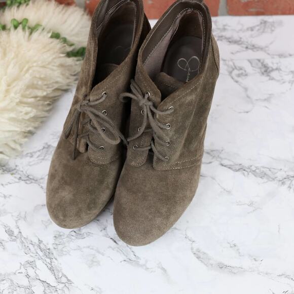 Jessica Simpson Catcher Brown Taupe Suede Leather Wedge Lace UP Booties Size 9 - Picture 2 of 7